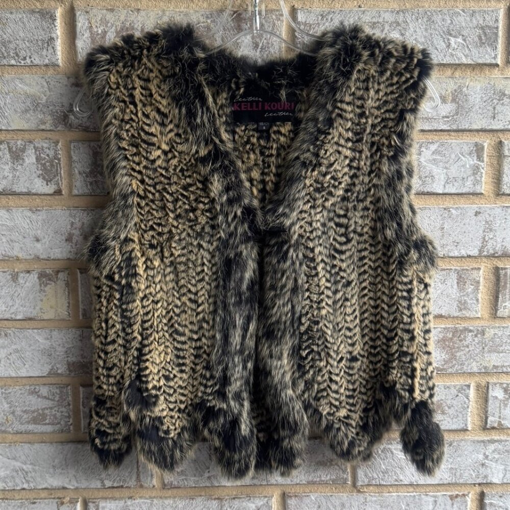 Kelli Kouri Sleeveless V-Neck One Button Rabbit Fur Vest Gillet Women's Size S